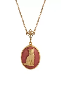 14K Gold Dipped Pink Enamel Oval Cat Locket Necklace