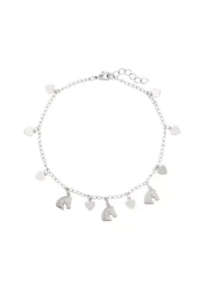 Silver Tone Horse & Heart Anklet 9" Adj.