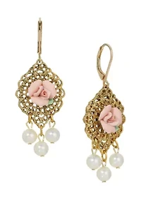 Pink Rose Faux Pearl Leverback Earrings