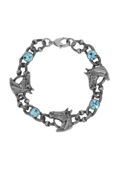 Silver Tone Horse Blue Glass Bracelet