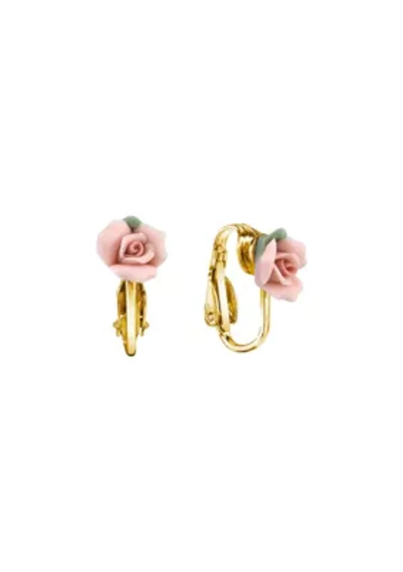 Gold-tone Pink Rose Clip Earrings