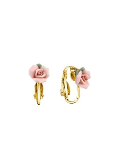 Gold-tone Pink Rose Clip Earrings