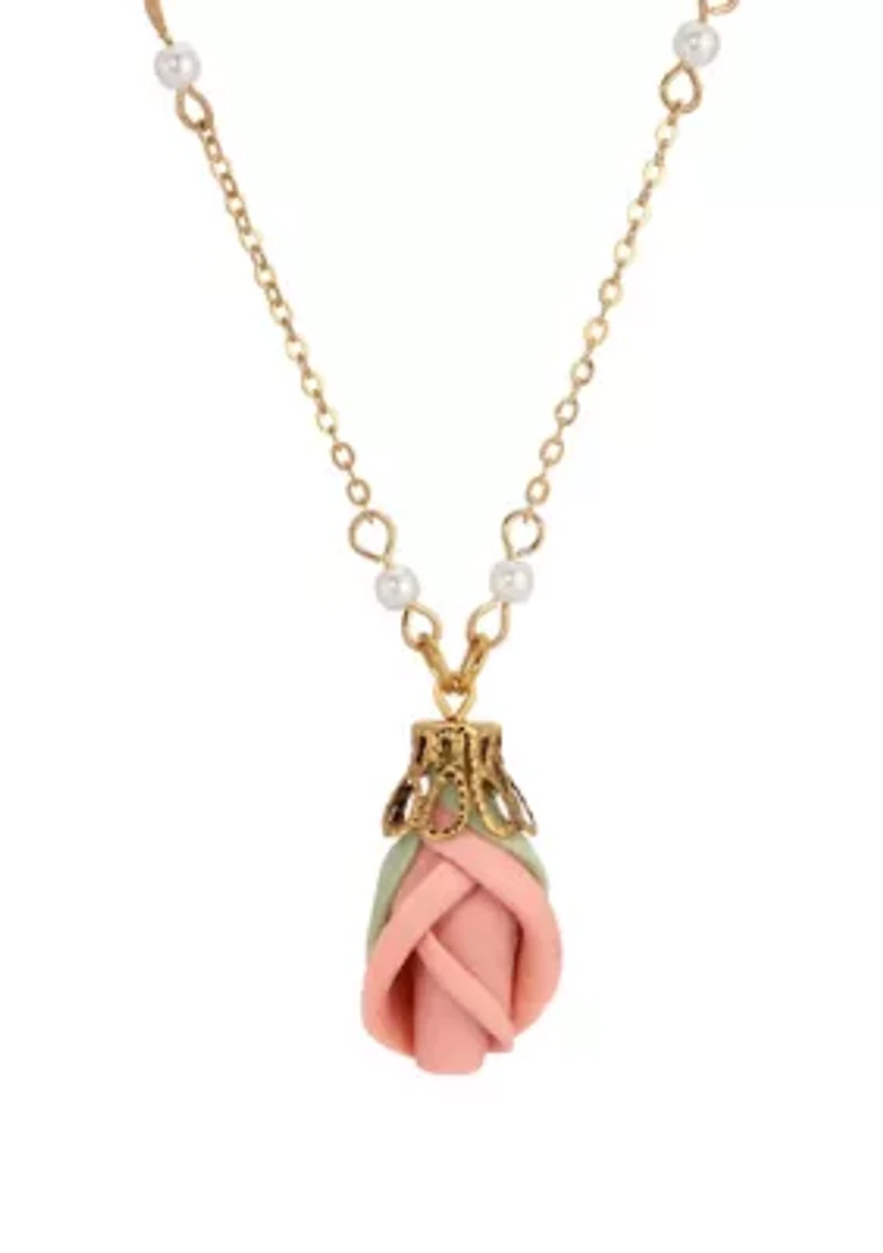 Pink Porcelain Rose Bud Necklace 16" Adj
