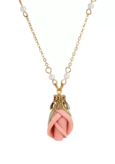 Pink Porcelain Rose Bud Necklace 16" Adj