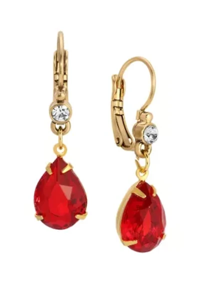 14k Gold Dipped Siam Red Teardrop Crystal Leverback Earrings