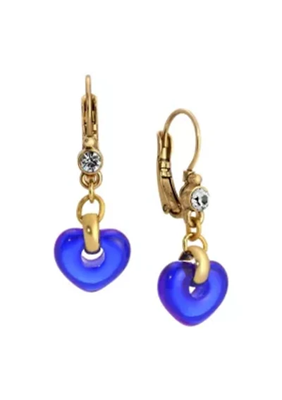 Gold Tone Blue Glass Heart Drop Earrings