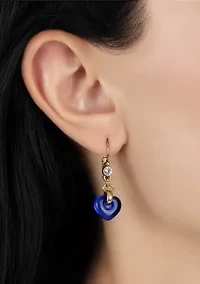 Gold Tone Blue Glass Heart Drop Earrings