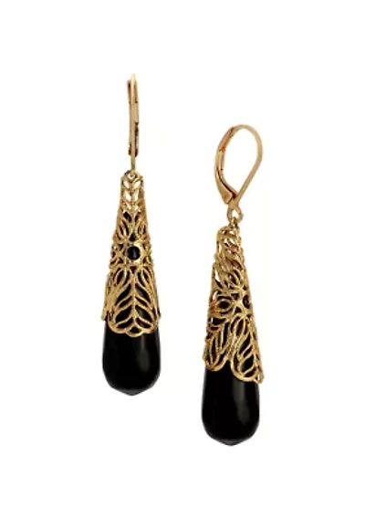 Gold Tone Jet Bead Elongated Drop Earrings
