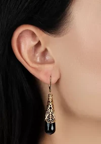 Gold Tone Jet Bead Elongated Drop Earrings