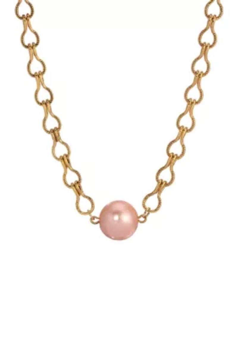 Gold Tone Peach Pearl Bead Necklace 16"