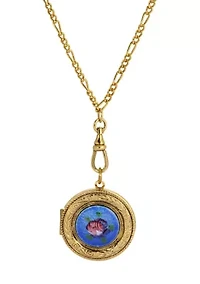 Gold Tone Pink Flower Decal Locket Necklace 28