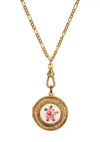 Gold Tone Pink Flower Decal Locket Necklace 28"