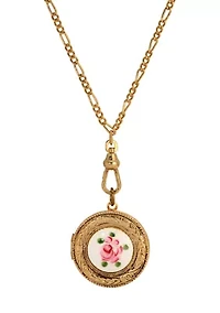 Gold Tone Pink Flower Decal Locket Necklace 28"