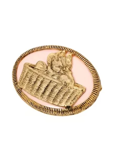 Pink Oval Cat In Basket Brooch