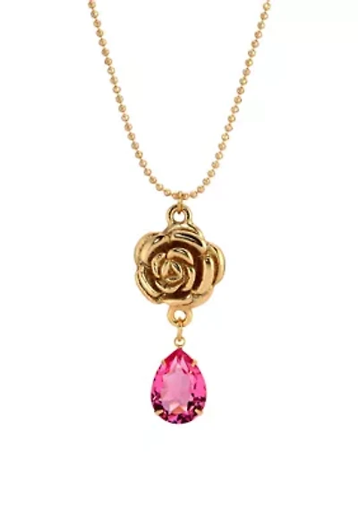 Gold Tone Flower Pendant Pink Glass Drop Necklace 18"
