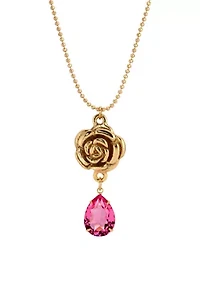Gold Tone Flower Pendant Pink Glass Drop Necklace 18"