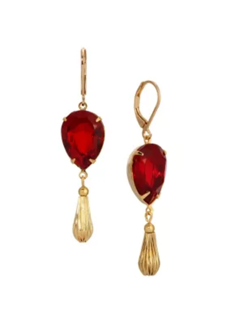 Gold Tone Red Teardrop Crystal Earrings