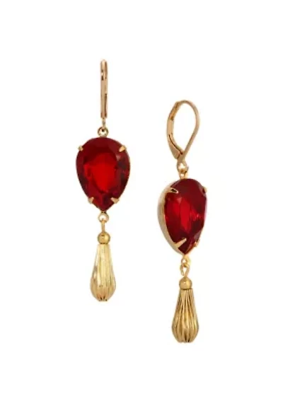 Gold Tone Red Teardrop Crystal Earrings