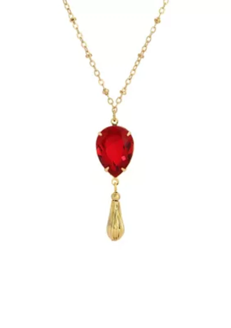 Gold Tone Red Teardrop Crystal Necklace