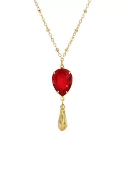 Gold Tone Red Teardrop Crystal Necklace