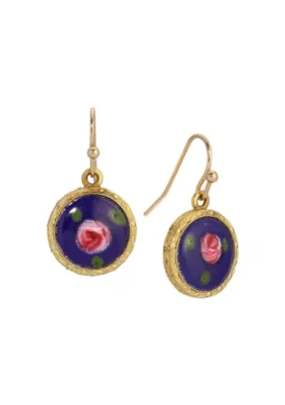 Round Blue & Pink Flower Enamel Earrings