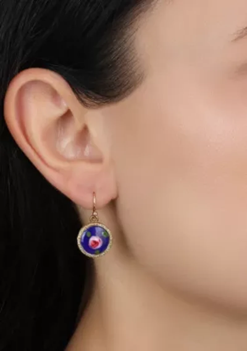 Round Blue & Pink Flower Enamel Earrings