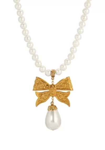 Faux Pearl Gold Bow Necklace 15" Adj.