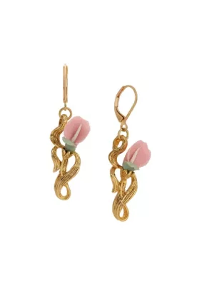 Gold Tone Pink Flower Drop Earrings