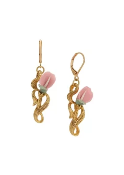 Gold Tone Pink Flower Drop Earrings