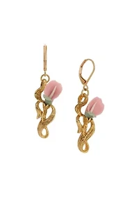 Gold Tone Pink Flower Drop Earrings