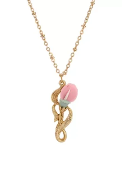 Gold Tone Pink White Flower Necklace 18"