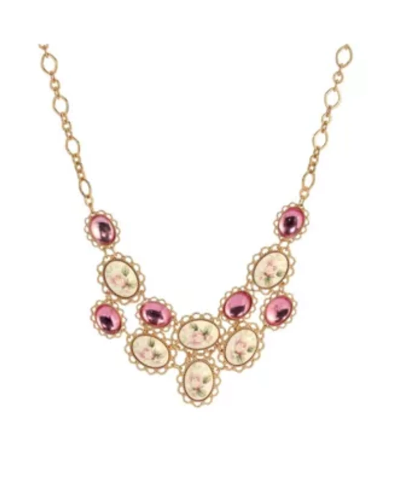 Gold Tone Pink & Porcelain Flower Stone Necklace 15" Adj.