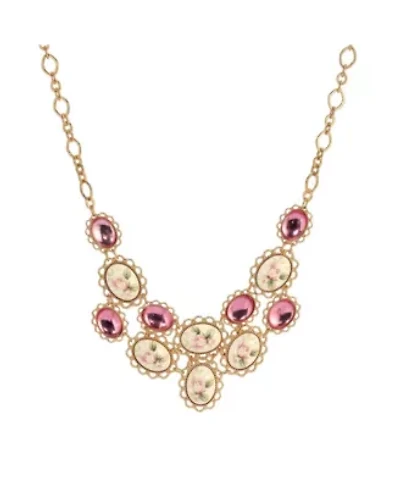 Gold Tone Pink & Porcelain Flower Stone Necklace 15" Adj.