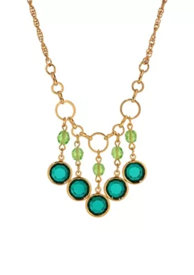 Gold Tone Green Crystal Necklace 16" Adj
