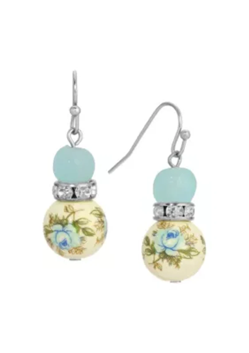 Silver Tone Blue & Blue Rose Beads Drop Wire Earrings