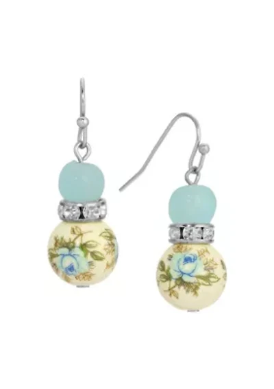 Silver Tone Blue & Blue Rose Beads Drop Wire Earrings