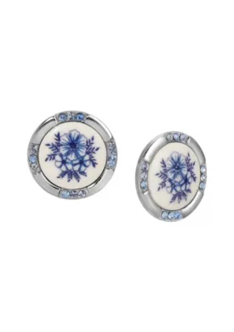 Round Blue Floral Crystal Stud Earrings