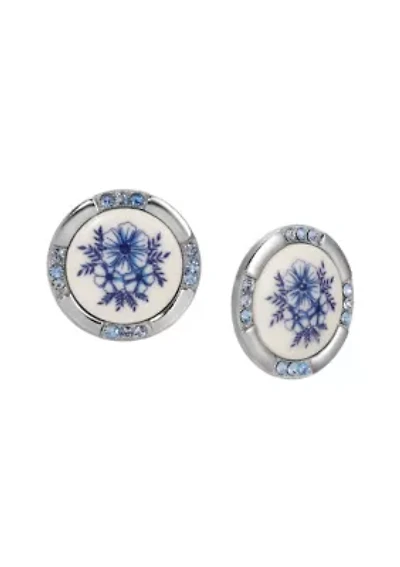 Round Blue Floral Crystal Stud Earrings