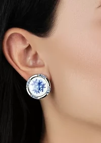 Round Blue Floral Crystal Stud Earrings