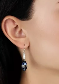 Silver Tone Blue Bead Drop Earrings