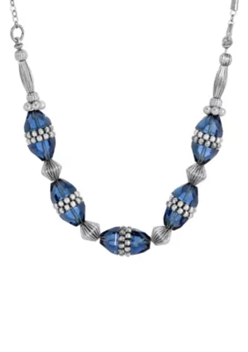 Silver Tone Blue Bead Necklace 16"