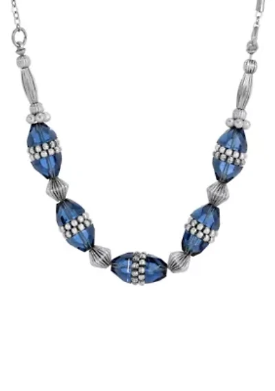 Silver Tone Blue Bead Necklace 16"
