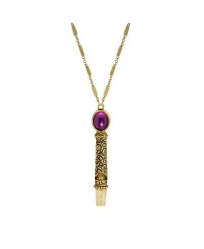 Gold Tone Purple Stone Whistle Necklace 28"