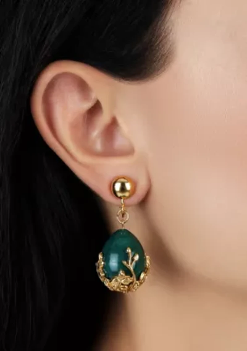 Gold Tone Green Gold Bead Clip Earrings