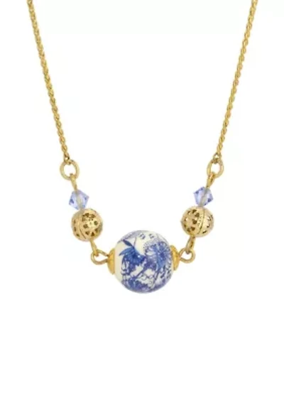 Round Blue & Gold Bead Necklace 16"