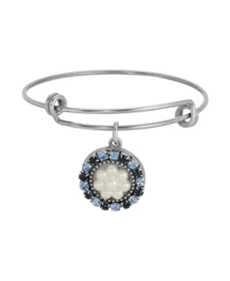 Silver Tone Round Blue Crystal Faux Pearl Drop Bracelet