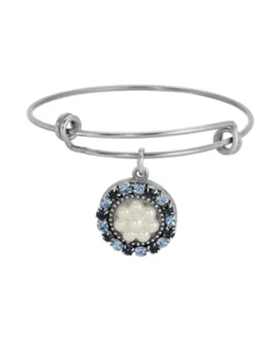 Silver Tone Round Blue Crystal Faux Pearl Drop Bracelet