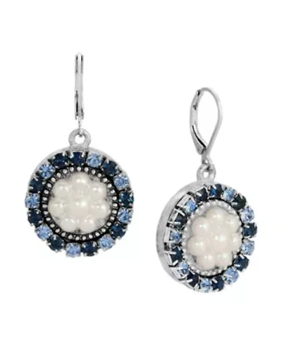 Silver Tone Round Blue Crystal Faux Pearl Drop Earrings