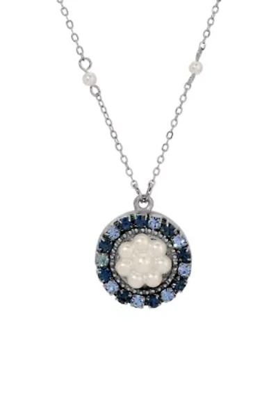 Silver Tone Blue Crystal Faux Pearl Pendant Necklace 18"