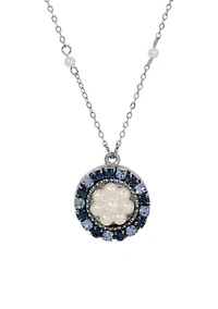 Silver Tone Blue Crystal Faux Pearl Pendant Necklace 18"
